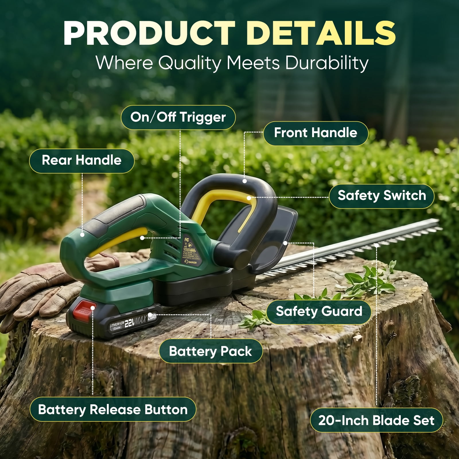 Saker 22V Cordless Hedge Trimmer, 20-Inch Handheld Electric Trimmers with Dual-Action Blades, 2x 2000mAh Batteries for Shrubs & Trees
