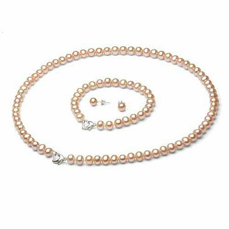 5-6mm Pink Freshwater Pearl Heart-Shape Sterling Silver Necklace (18"), Bracelet (7") Set with Bonus Pearl Stud Earrings