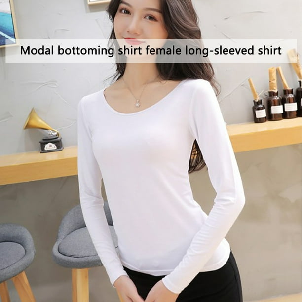 Female Thermal Underwear Long Sleeve Round Neck Autumn Bottoming Shirt Home  Office Sleep Inner Wear Warm Undershirt Woman 2Pcs White XL