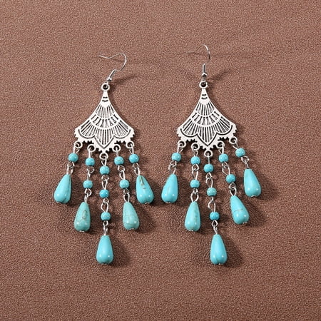 Zhuge Bohemian Handcrafted Turquoise Drop Dangle Earrings, 1 Pair Lightweight Boho Statement Jewelry,B19