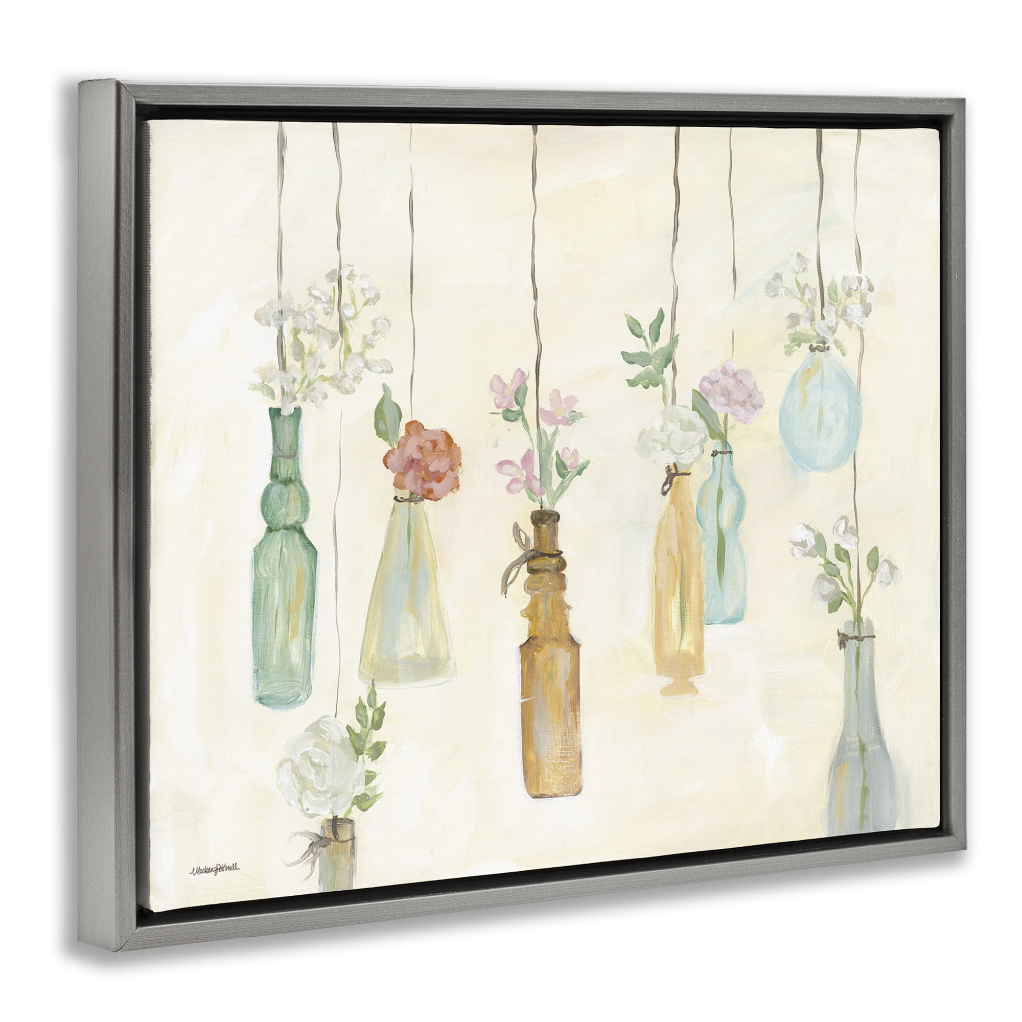 Stupell Industries Hanging Floral Bottles Botanical & Floral Painting Gray Floater Framed Canvas Art Print Wall Art, 21 x 17