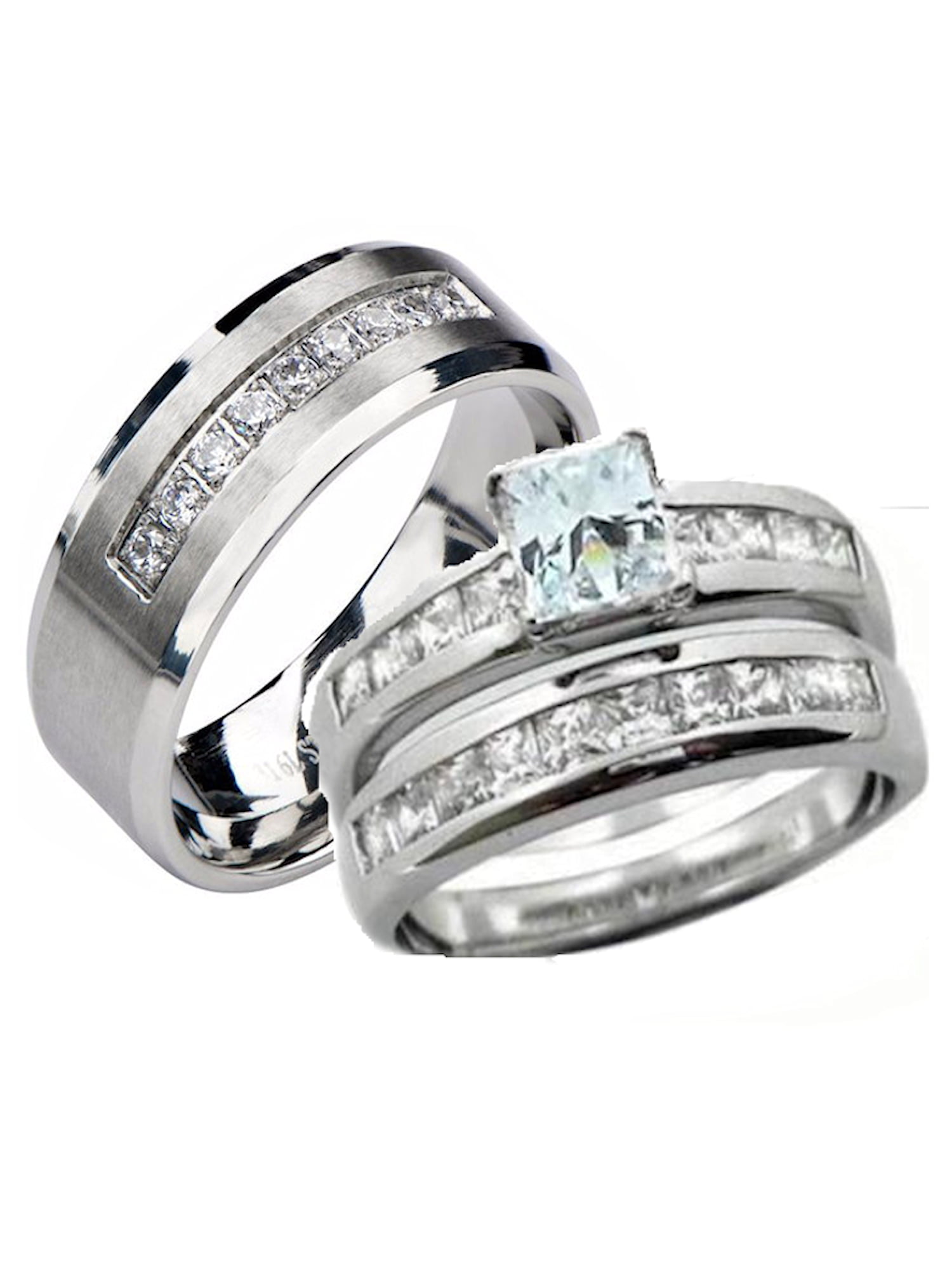 Mens Sizes 8-14 Sterling Silver 3-Piece His 7 mm & Hers 4 mm Trio Wedding Ring Set CZ Stones Rhodium Finish Ladies Sizes 5-10 