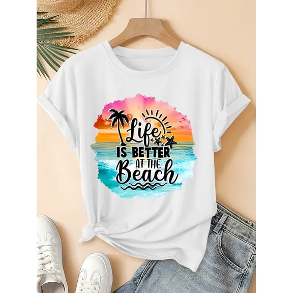 Vintage Gradient Beach Coconut Trees Starfish Print Fresh Forest Style Loose Round Neck Short Sleeve T-Shirt, 2026 Summer Women’s Fashion Versatile Elegant Party Top