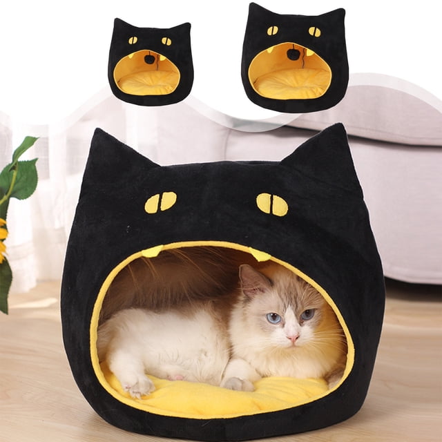 Fiudx Cama para Gatos de Halloween, Diseño de Boca Grande, Cálida Tela Polar, Suave y Cómoda, Acogedora Casa para Mascotas, Ideal para Interiores, Ideal para Otoño E Invierno, 36 X 36 X 36 Cm