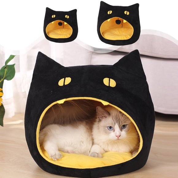 Fiudx Cama para Gatos de Halloween, Diseño de Boca Grande, Cálida Tela Polar, Suave y Cómoda, Acogedora Casa para Mascotas, Ideal para Interiores, Ideal para Otoño E Invierno, 36 X 36 X 36 Cm