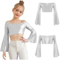 thumbnail image 6 of Miutii Kids Girls Disco Party Shirts Off-Shoulder Festival Rave Outfit Long Flared Sleeve Jazz Hip Hip Dance Crop Tops Silver 10, 6 of 7