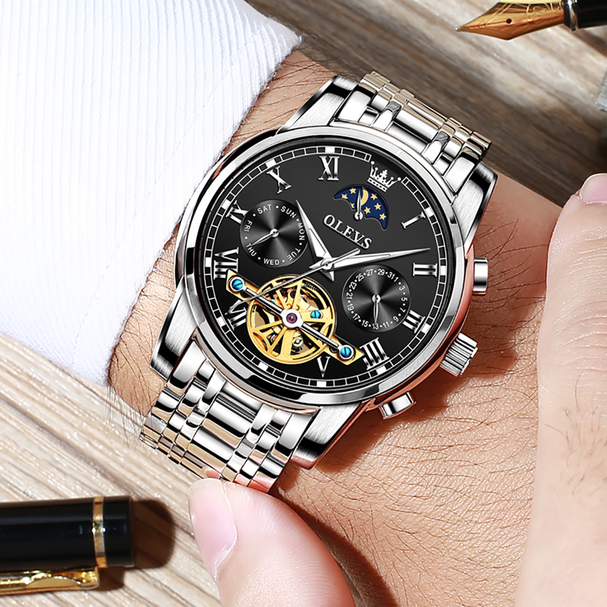 OLEVS Automatic Watches for Mens Skeleton Mechanical Self Winding Luxury Dress Mens Stainless Steel Watches Moon Phase Waterproof Luminous Reloj Para Hombre, Gifts for Men, Male 6617D