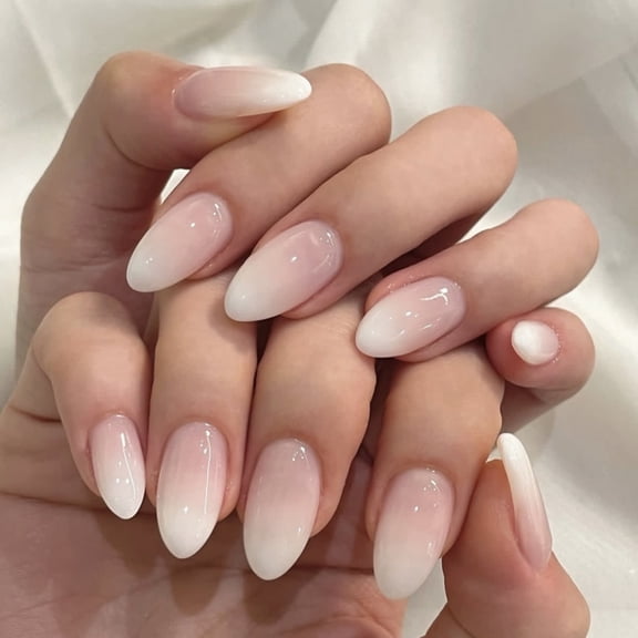 Cross-border hot-selling gradual change wearing nail French white simple manicure almond-shaped fake nail wearing nail wholesale