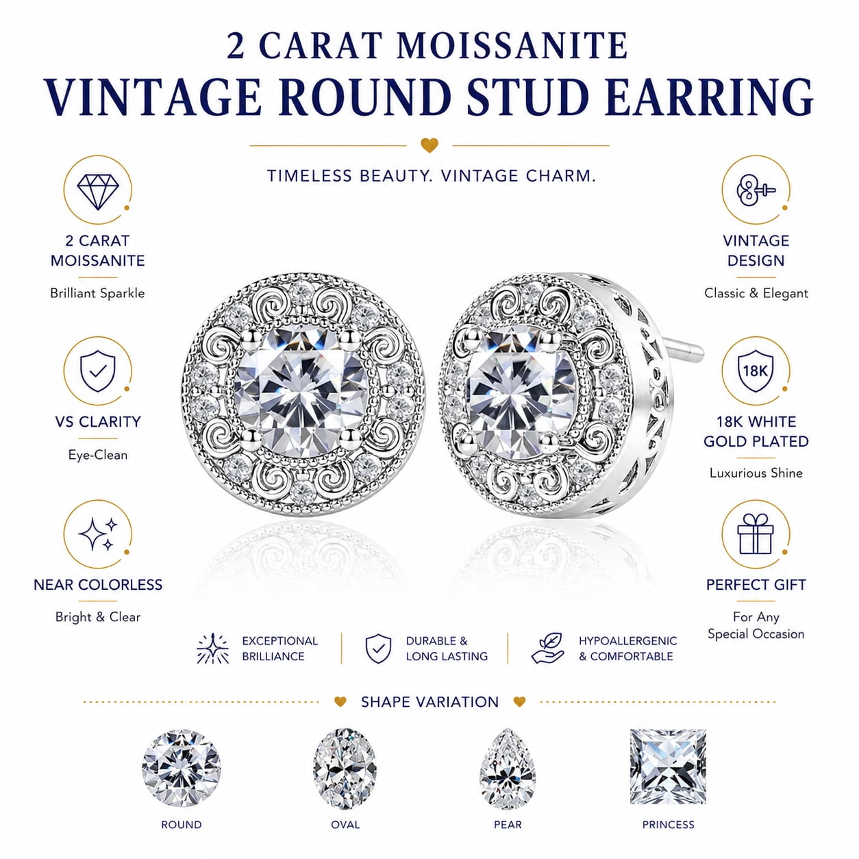 JeenMata 2 Carat Moissanite Vintage Round Cut Stud Earring - in 18K White Gold Plating for Women Earrings