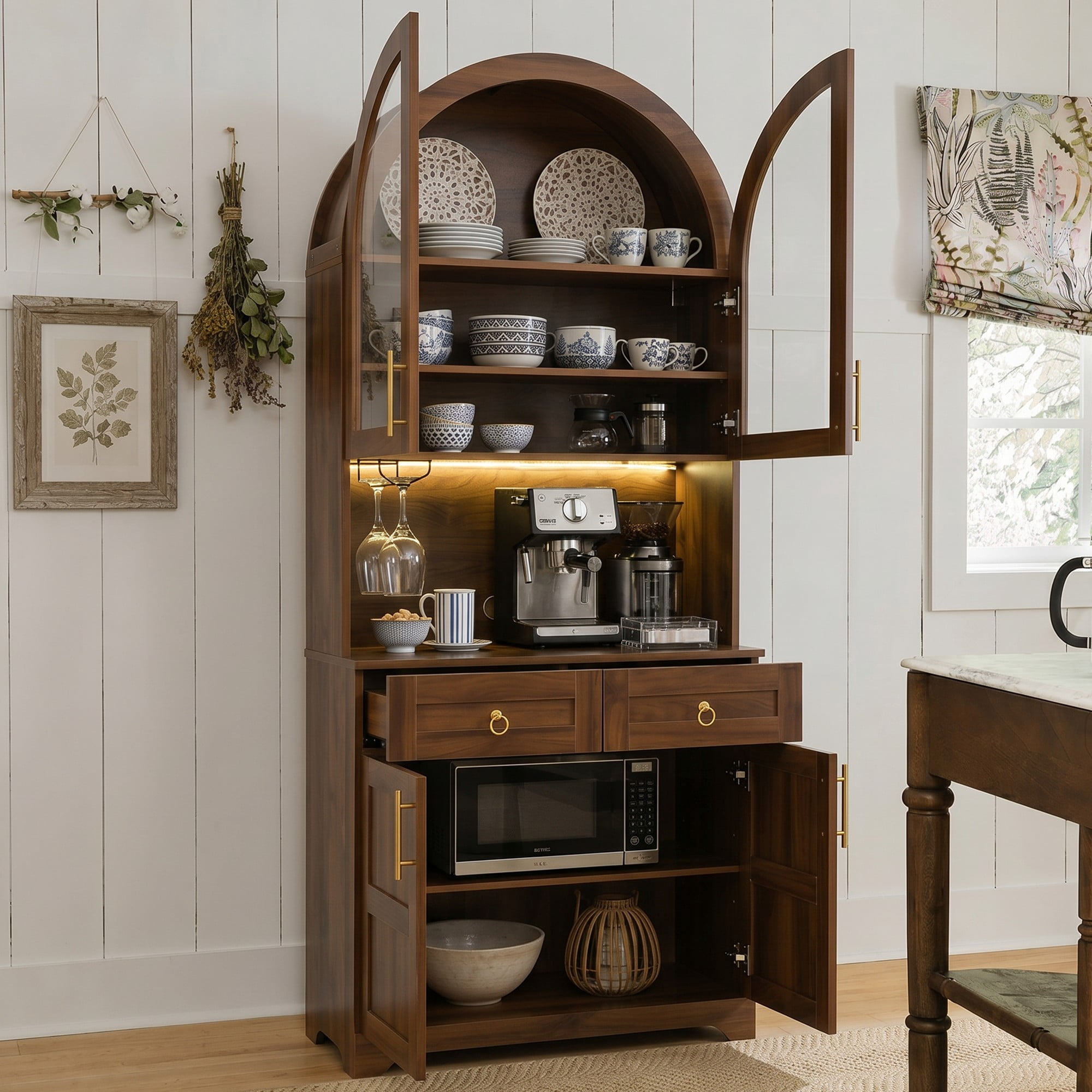DEALTOPS Freestanding 74.8" Pantry Cabinet with Arched Top, Power Outlets and LED Light, Walnut
