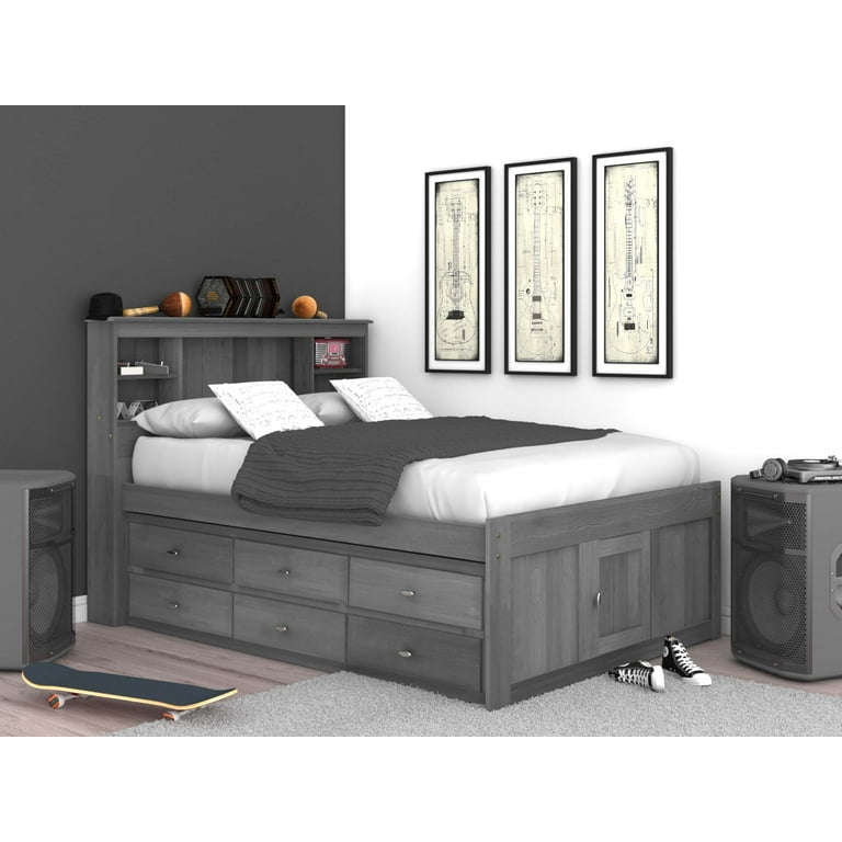 Discovery World Furniture Full Bookcase Bed with 12 Drawers in Charcoal