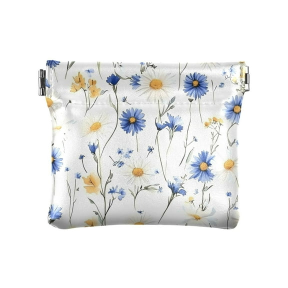 PU Leather Coin Wallet with Snap Closure Clutch Bag Holder Small Wallet Blue and Yellow Wildflowers
