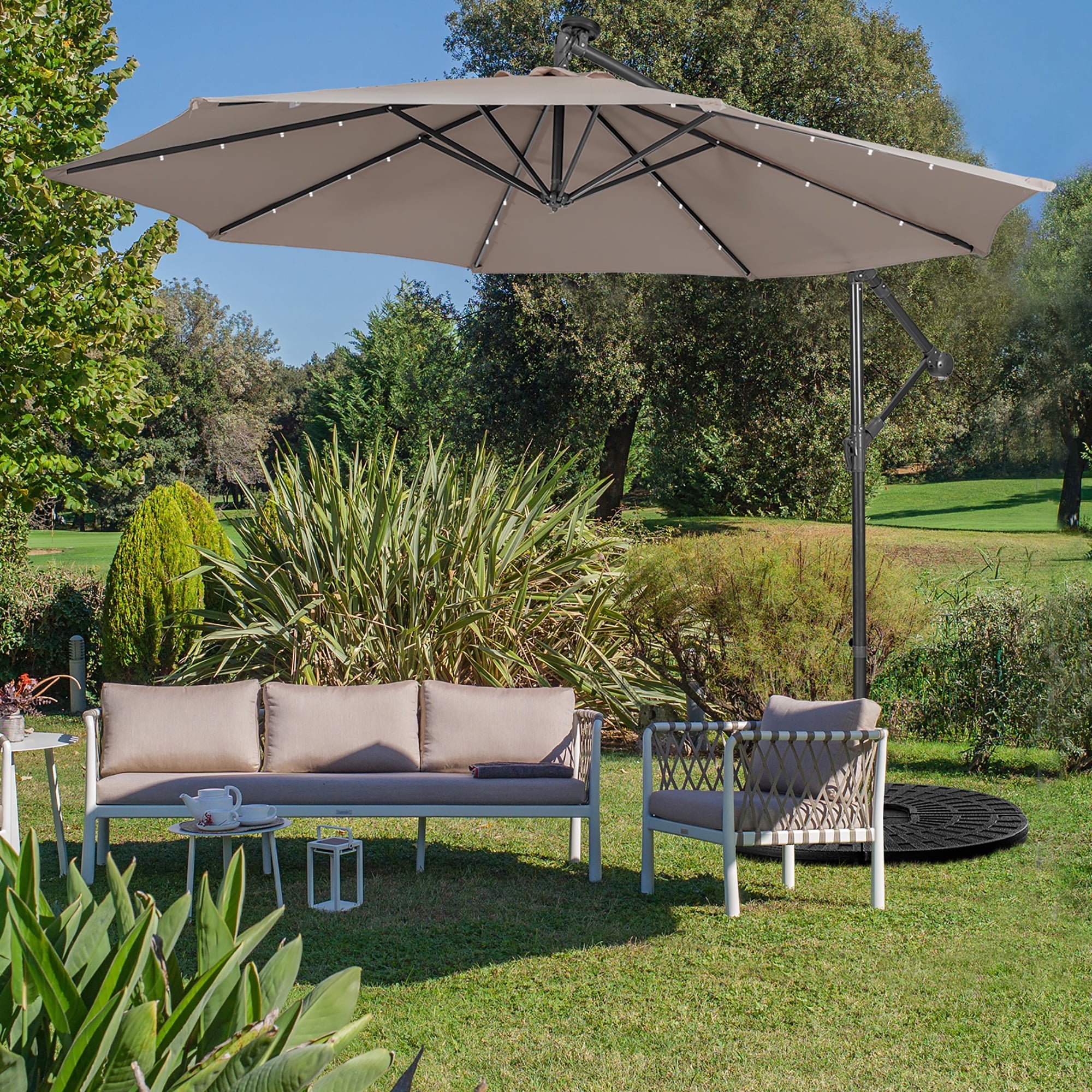 Costway 10FT Cantilever Solar Powered 32LED Lighted Patio Offset Umbrella Outdoor Coffee