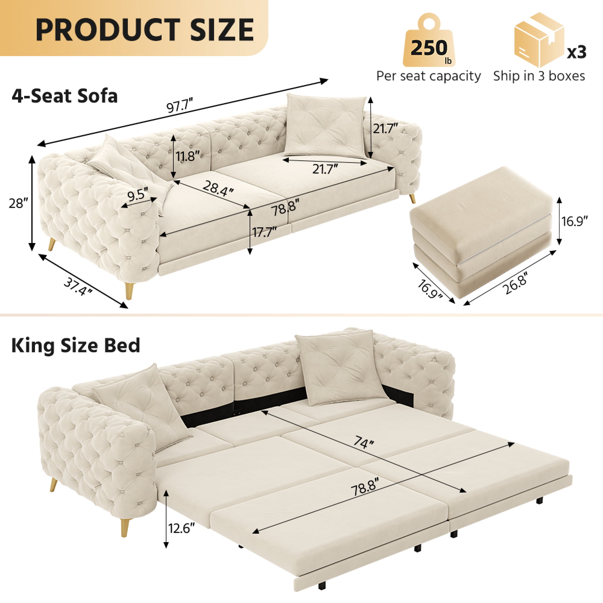 3-in-1 Convertible Sleeper Sofa Bed, 97.7'' 4-Seater Velvet Couch with Pull Out Bed & Movable Ottoman, Deep Seat Tufted Futon for Living Room, Apartment & Office