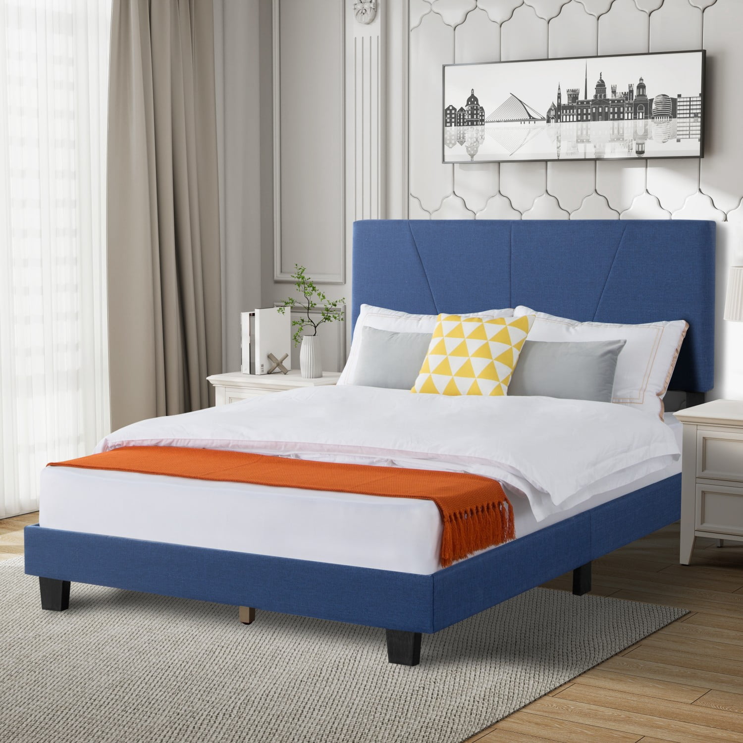 Gewnee Queen Size Platform Bed with Headboard,Fabric Upholstered Bed Frame,Strong Wood Slats Support,Easy Assembly,No Box Spring Needed (Navy Blue)