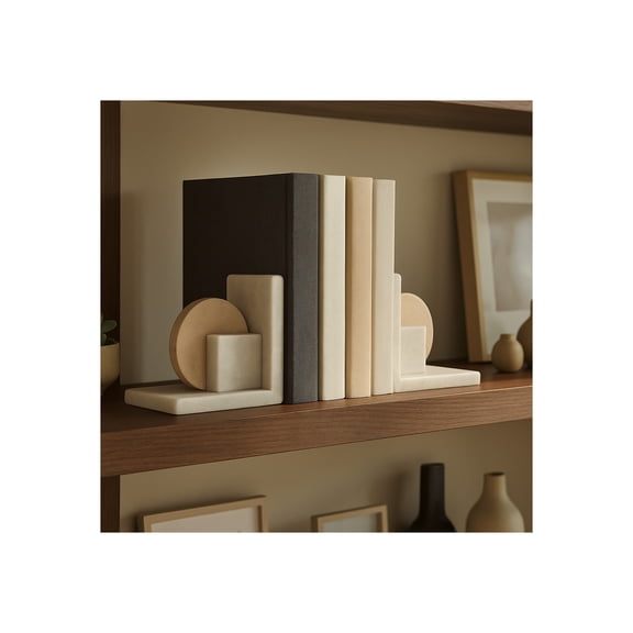 Decorative Geometric Travertine and Marble Bookends - Contemporary Book Accessories for Home Library Decoration - Stylish Book Ends for Office Spaces, Desk, or Shlef Decor - Set of 2, 6", White & Tan