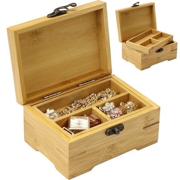 Large Bamboo Wooden Box with Hinged Lid& 2 Compartments, Storage Box Jewelry Organizer for Photos, Home Office Decor