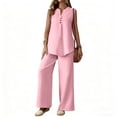 thumbnail image 2 of Mifsaly Linen 2 Piece Set for Women Sleeveless V Neck Button Down Shirt and High Waisted Wide Leg Pants Vacation Beach Summer Matching Lounge Outfits Pink,XXL, 2 of 6