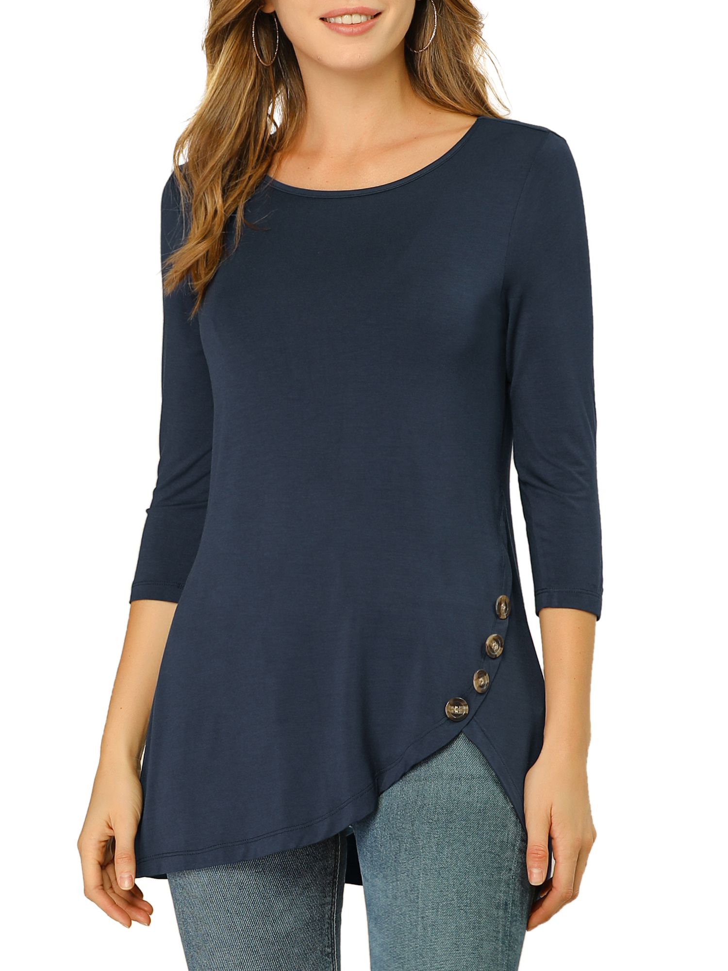 DARING DIVA Women's Casual Stretchy Tunic Asymmetric Hem Top L Dark Blue