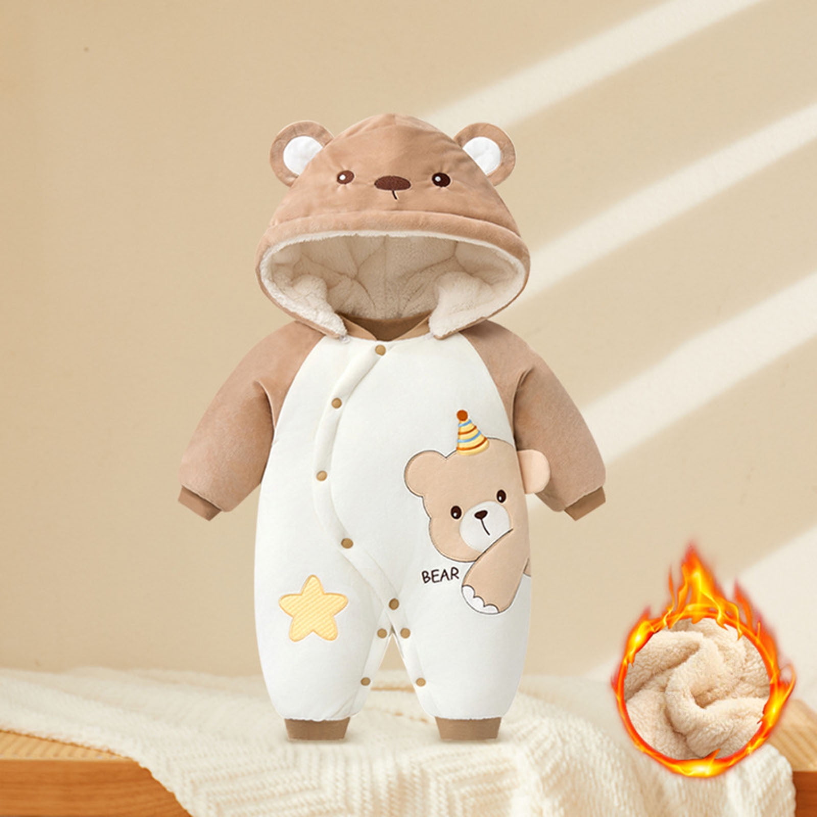 FYDUU Infant Baby Boys Romper And Jumpsuit Thickened Warm Baby Onesies Bodysuits One-Pieces For Winter Outfit Soft Hooded Sleepwear For Boys Stylish Elegant 12-18 Months