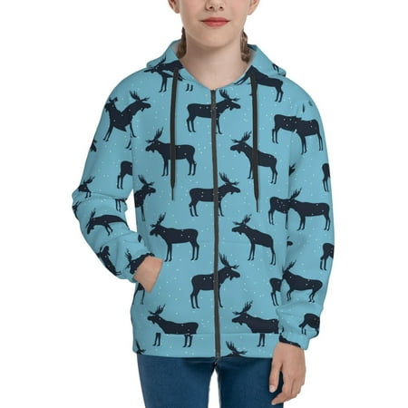 

Hoodies for Women winter moose elk snow blue Long Sleeve Sweatshirt Drawstring Zip Up Hoodie with Pockets Teen Girl Clothes