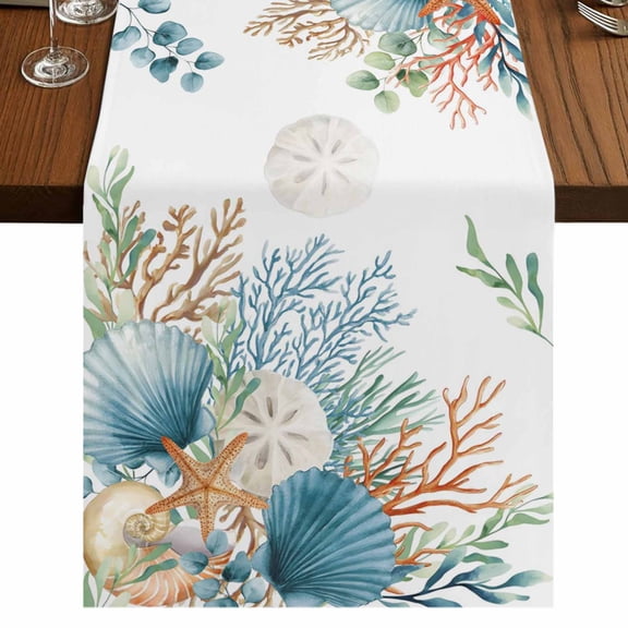 Table Runners 70 Inches Long Dress Scarves, Beach Coastal Farmhouse Coffee/Dining/Kitchen Table Decor, Holiday Table Runner, Summer Nautical Coral Shell Botanical 13x70 Inch