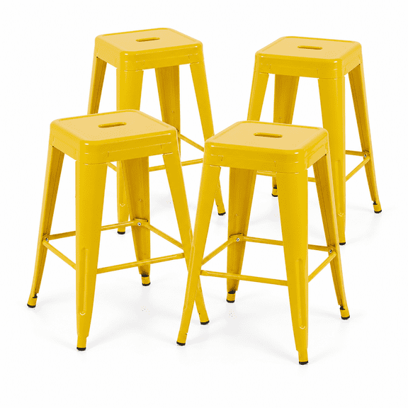 24 Inch Backless Metal Counter Stool Set of 4, Yellow, Stackable with Carry Hole and Footrest
