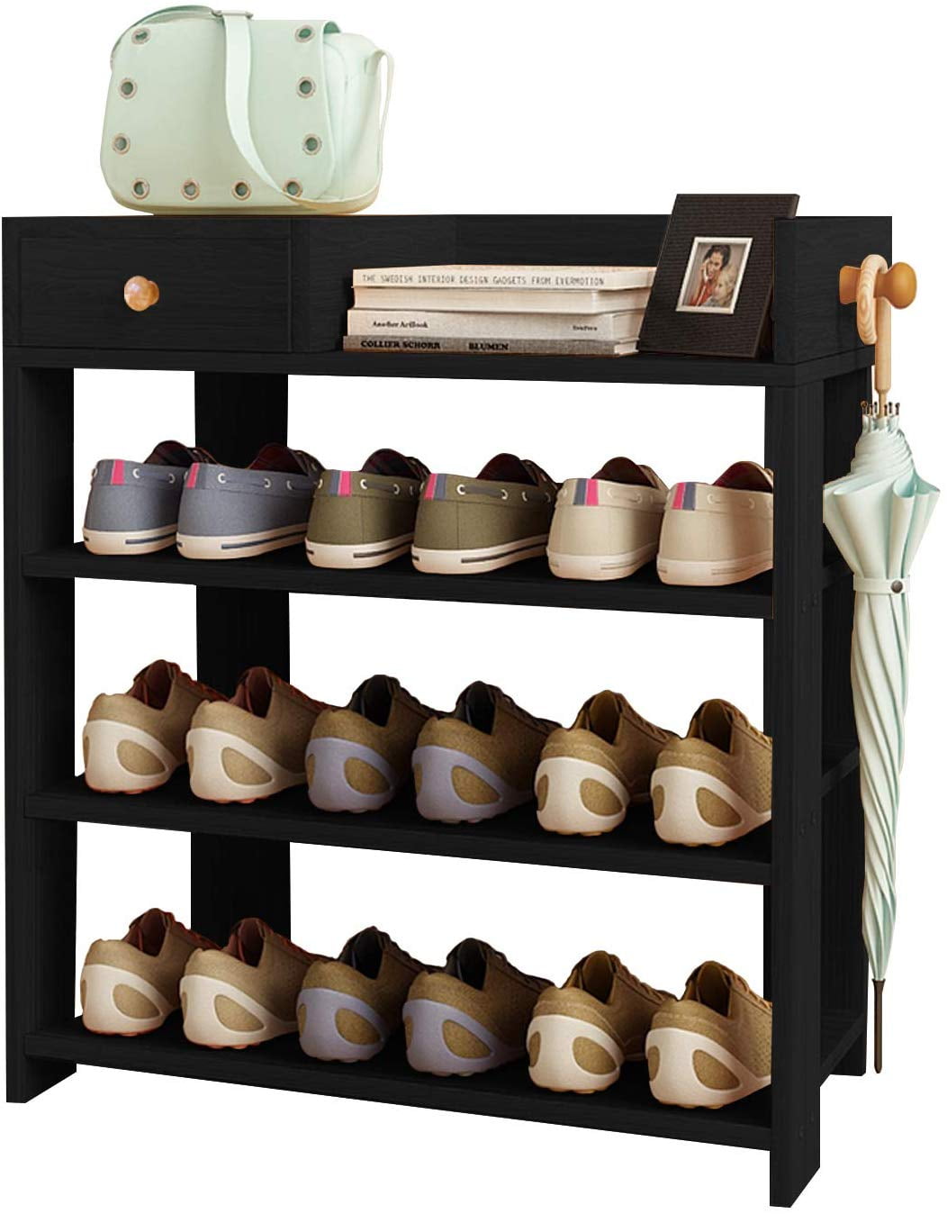 wooden shoe racks for closets on Shoe Rack Shoe Organizer Shlef W Drawer 3 Tier Compartment Wood Composite Shoe Rack Black Walmart Com