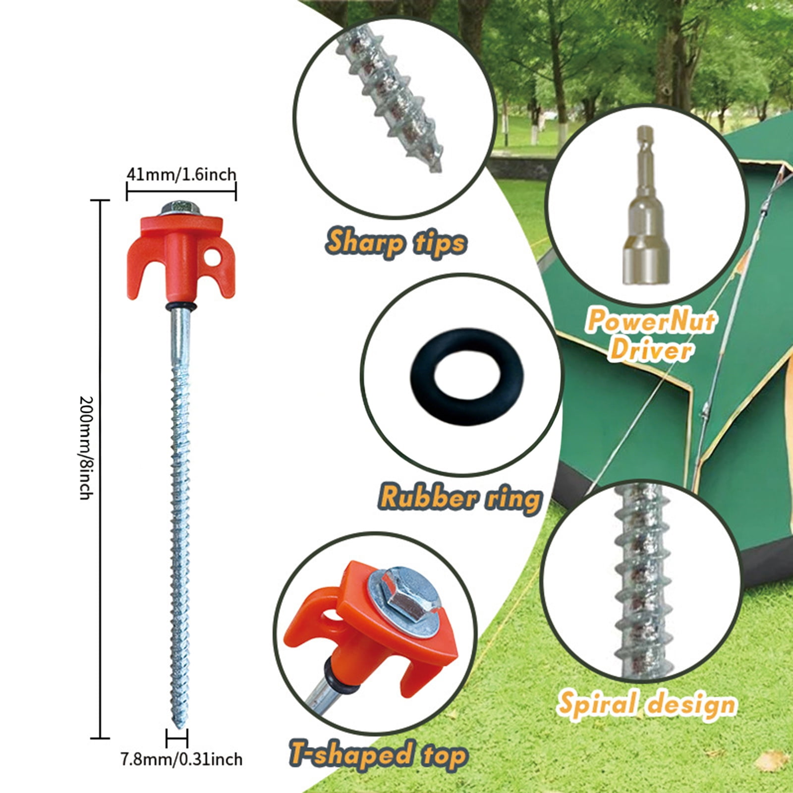 VKLU 8 Pcs Screw in Tent Stakes, 8 Inch Heavy Duty Metal Ground Anchors, Drill Compatible Hex Head Camping Pegs