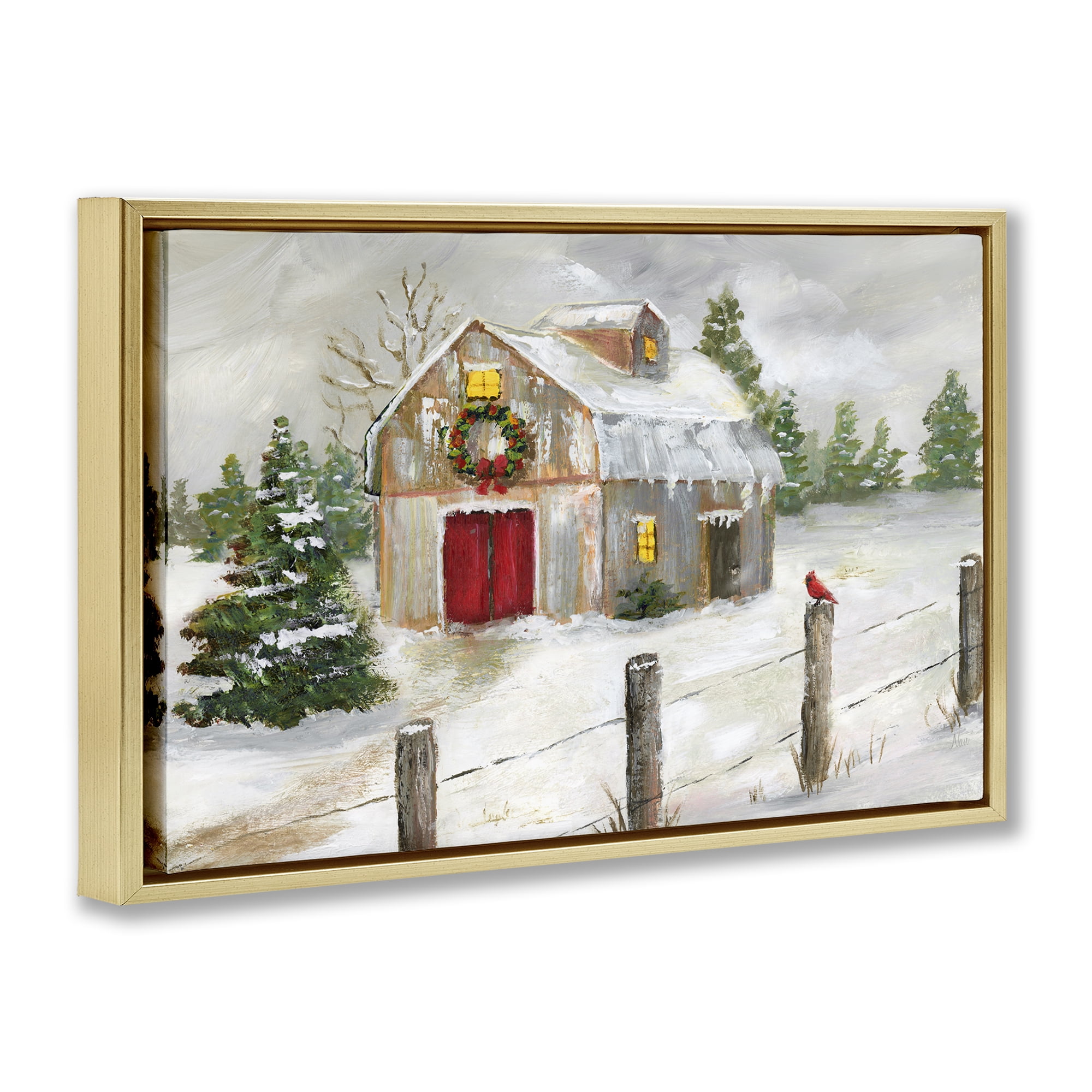 Stupell Industries Winter Farmhouse Scene Holiday Painting Gold Floater Framed Canvas Art Prints Wall Art, 25 x 17