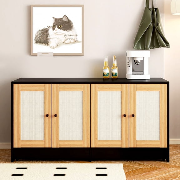 Double Litter Box Enclosure,Cat Litter Box Enclosure for 2 Cats, Hidden Litter Box Furniture with Rattan Doors, 47" L x 19.8" W x 21.8" H,Black