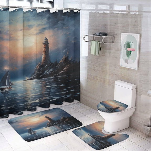 Lighthouse Coast Scenery Shower Curtain Home Decor, Polyester Cotton Fabric Waterproof Modern Bath Curtain with 12 Hooks 72x72 Inch