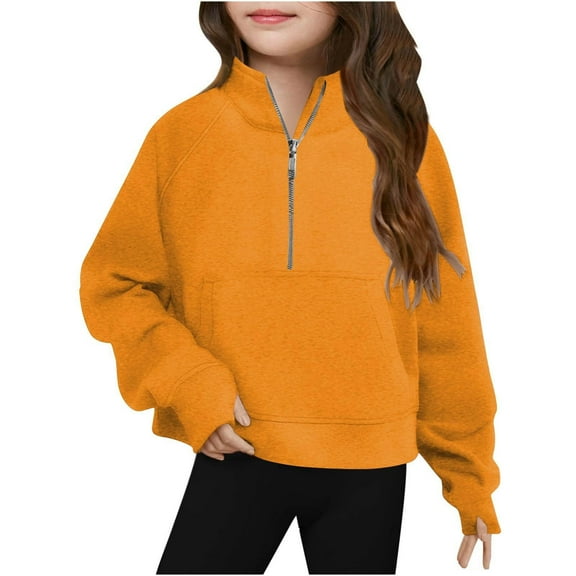XADYUY Girls Half Zip Sweatshirt Oversized Long Sleeve Girls Pullover Top Fashion Cropped Sweaters for Teens Fleece Winter Clothing for Teen Girls,5-6 Years Saffron
