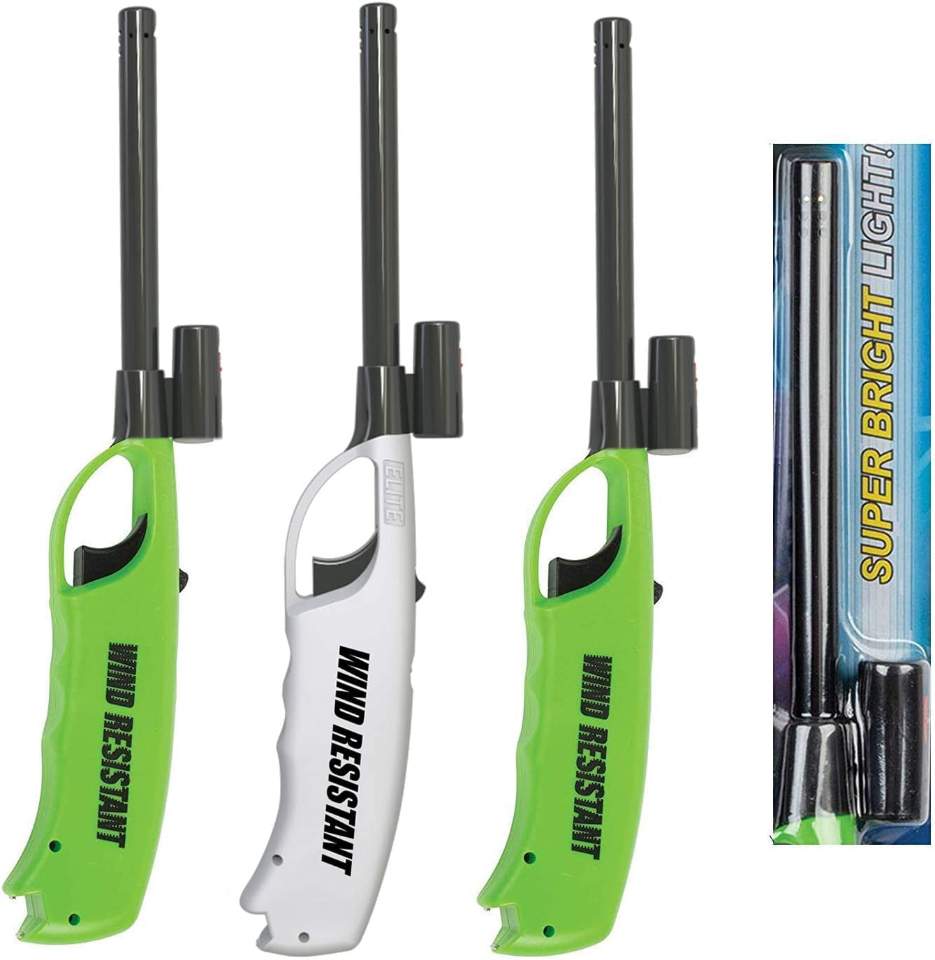 Elite Brands USA Windproof Jet Flame Long Neck Flash Light Multi Purpose Lighters, Ideal for Camping Hiking Fireplace BBQ Grilling Outdoor, Utility Lighters, Value Pack of 3