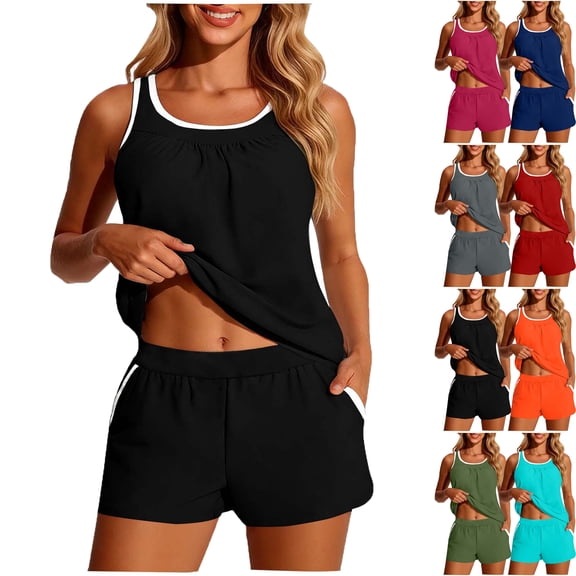 Lenago Womens Swimsuits Solid Color Conservative No Steel Backless Color Block Swimsuit Pocket Swim Shorts Two-Piece Swimsuit Set Swimsuits for Women
