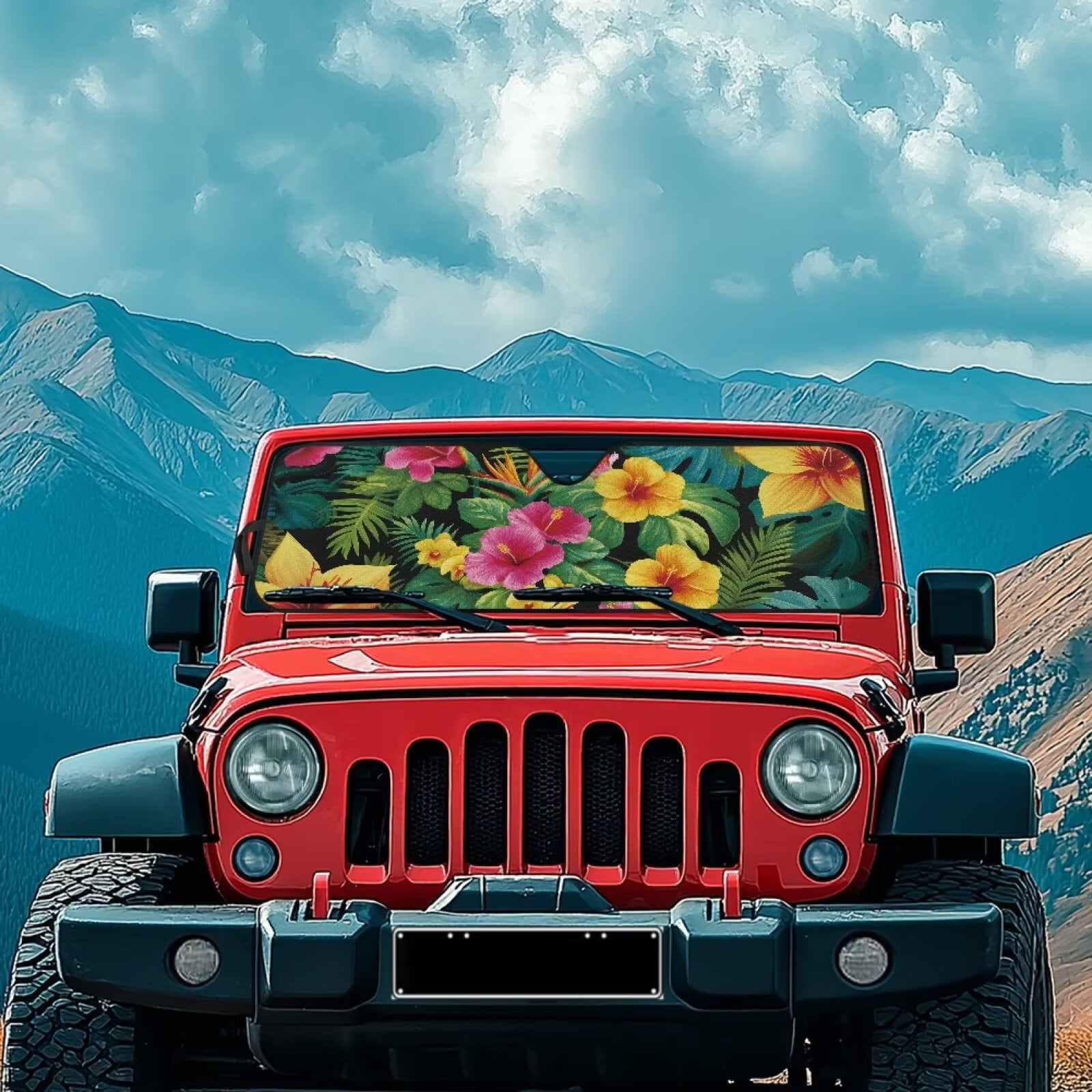 Uorisanigo Car Windshield Sun Shade Compatible with Jeep Wrangler JL JLU 2018-2025 / Jeep Gladiator 2020-2025 Accessories, Window Hawaiian Hibiscus Print Sunshade Keep Car Interior Cooler