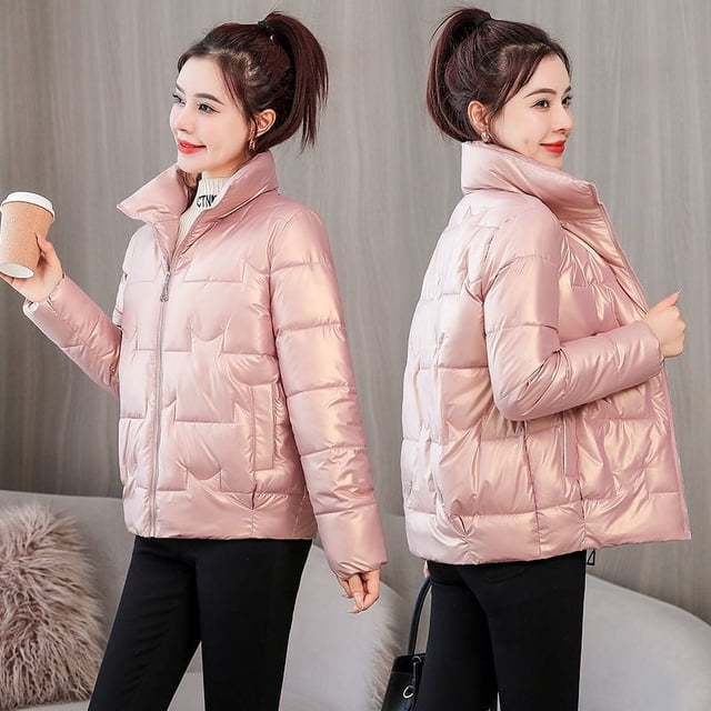 Chaqueta de algodón gruesa sin lavado con cara brillante para mujer, chaqueta de algodón corta y holgada, chaqueta de cuello alto, chaqueta de algodón de plumón para mujer