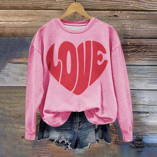 Jsaierl Chandails en Molleton de la Saint-Valentin pour Femmes Manches Longues Imprimé Cœur Pull Col Rond Chemises Décontractées Confortables