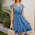 thumbnail image 4 of Sakmal Summer Dresses for Women Under $10 Mid-Length Blue V-Neck Basic Ruffle Short Sleeve Solid A-Line Dress, 4 of 7