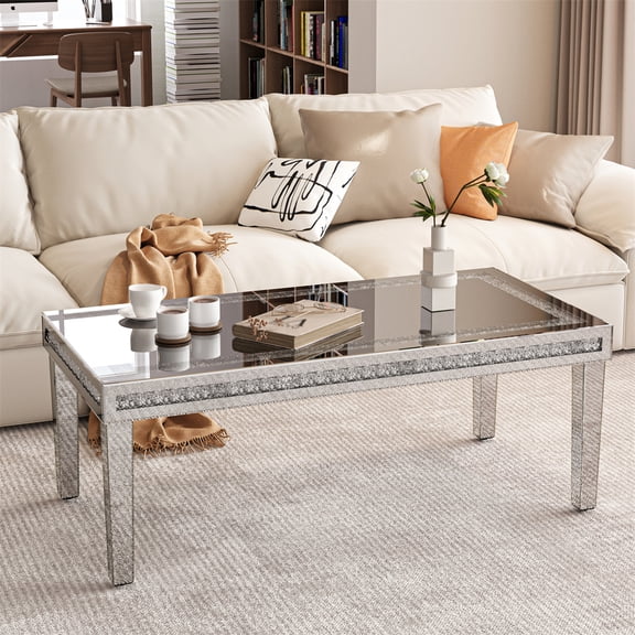 Wifor Glossy Silver Mirrored Coffee Table Living Room Center Table Dazzling Crushed Diamond Border Glam Decorative, 47.24x23.62x17.72 inch