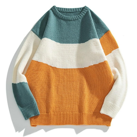qucoqpe Men's Crew Neck Sweater Classic Color Blocking Oversize Long Sleeve Knitted Pullover for Casual Wear