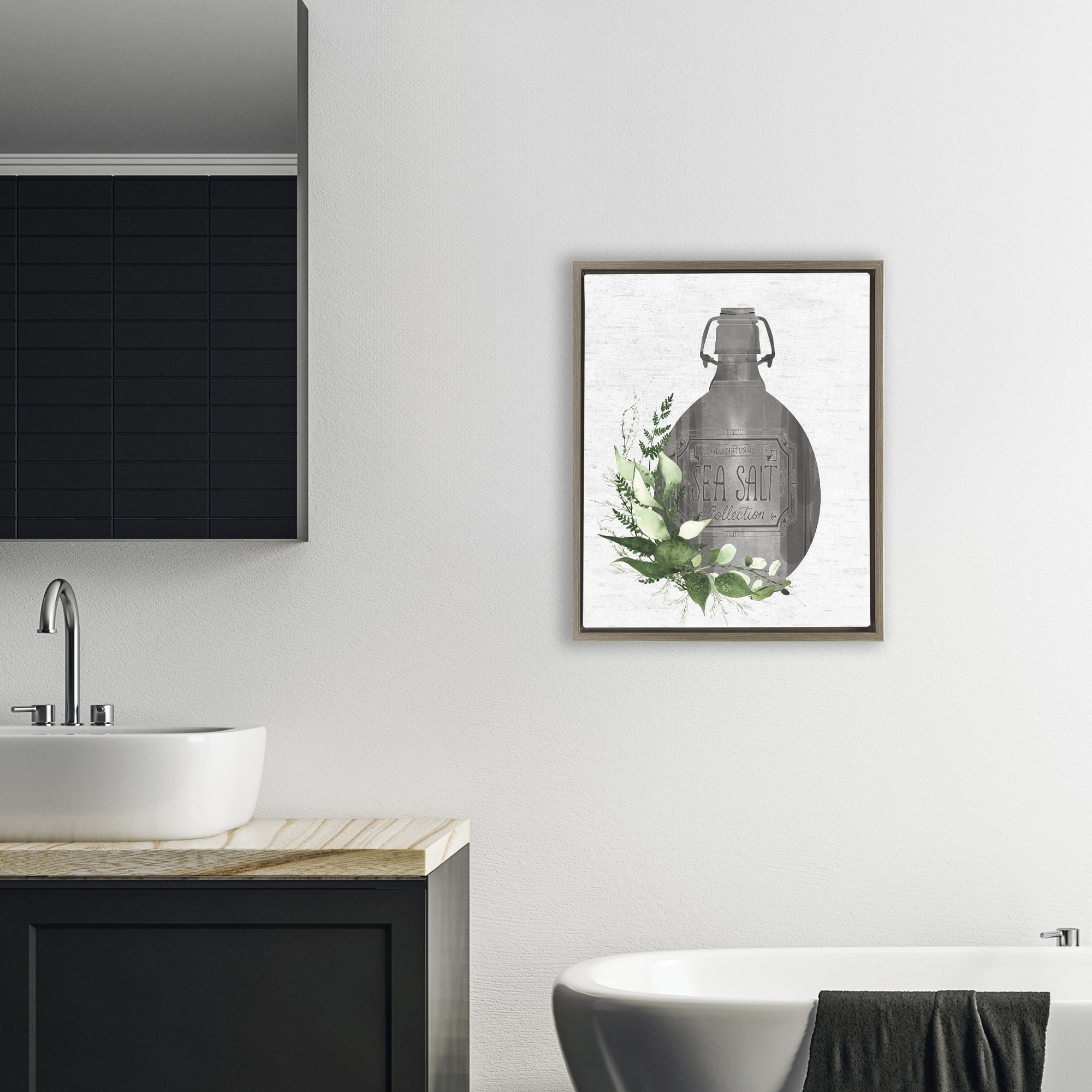 Vintage Bottle with Bathroom Herbs Brown Framed Floater Canvas Wall Art, design by Lettered and Lined