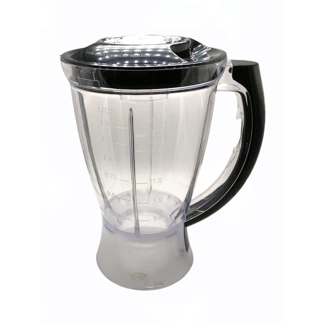 vaso licuadora chef, lkm-4510 pr koblenz kitchen magic collection vaso de plástico transparente de 1.5 L con graduación en litros, tazas, onzas y pintas, tapa negra y asa ergonómica en vista frontal; compatible como repuesto con modelos LKM-4510 PR y LKM-4703 VI y útil para medir líquidos al cocinar.