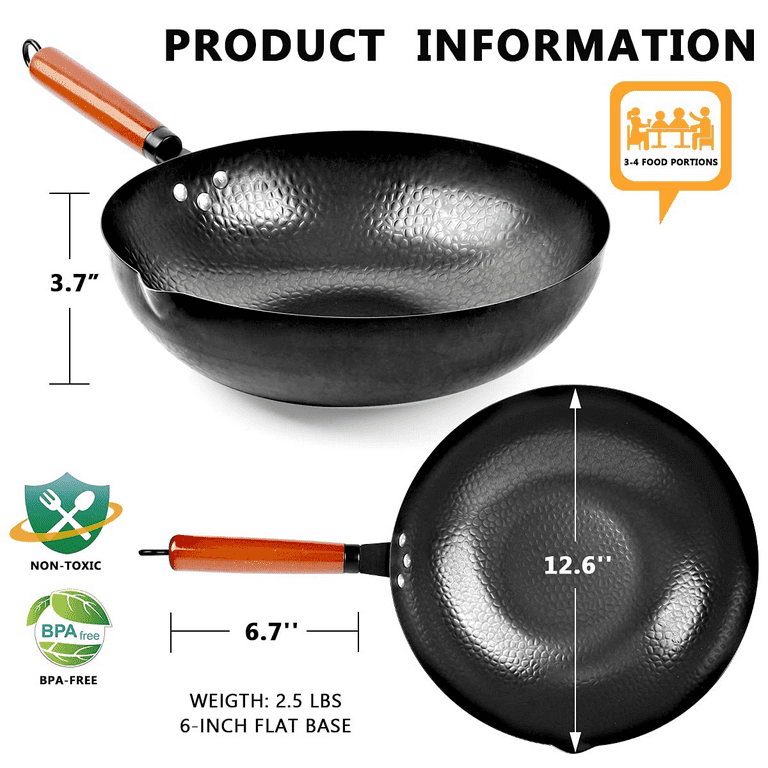 Carbon Steel Wok Pan 32cm Stir Fry Wok Set with Wooden Lid Non-Stick Flat  Bottom Frying Pan for Electric Induction and Gas Stove