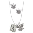 thumbnail image 1 of Delight Jewelry Silvertone Pebble Border Initial - K Silver tone Guardian Angel Charm Necklace and Stud Earrings, 1 of 4
