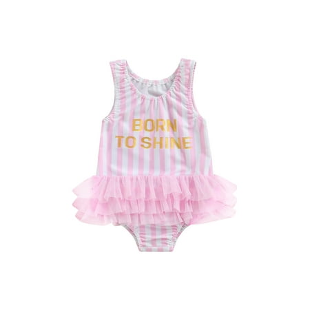 

Canrulo Summer Lovely Kids Girls Swimwear 2 Colors Letter Striped Printed Strap Sleeveless Lace Beachwear Pink 1-2 Years