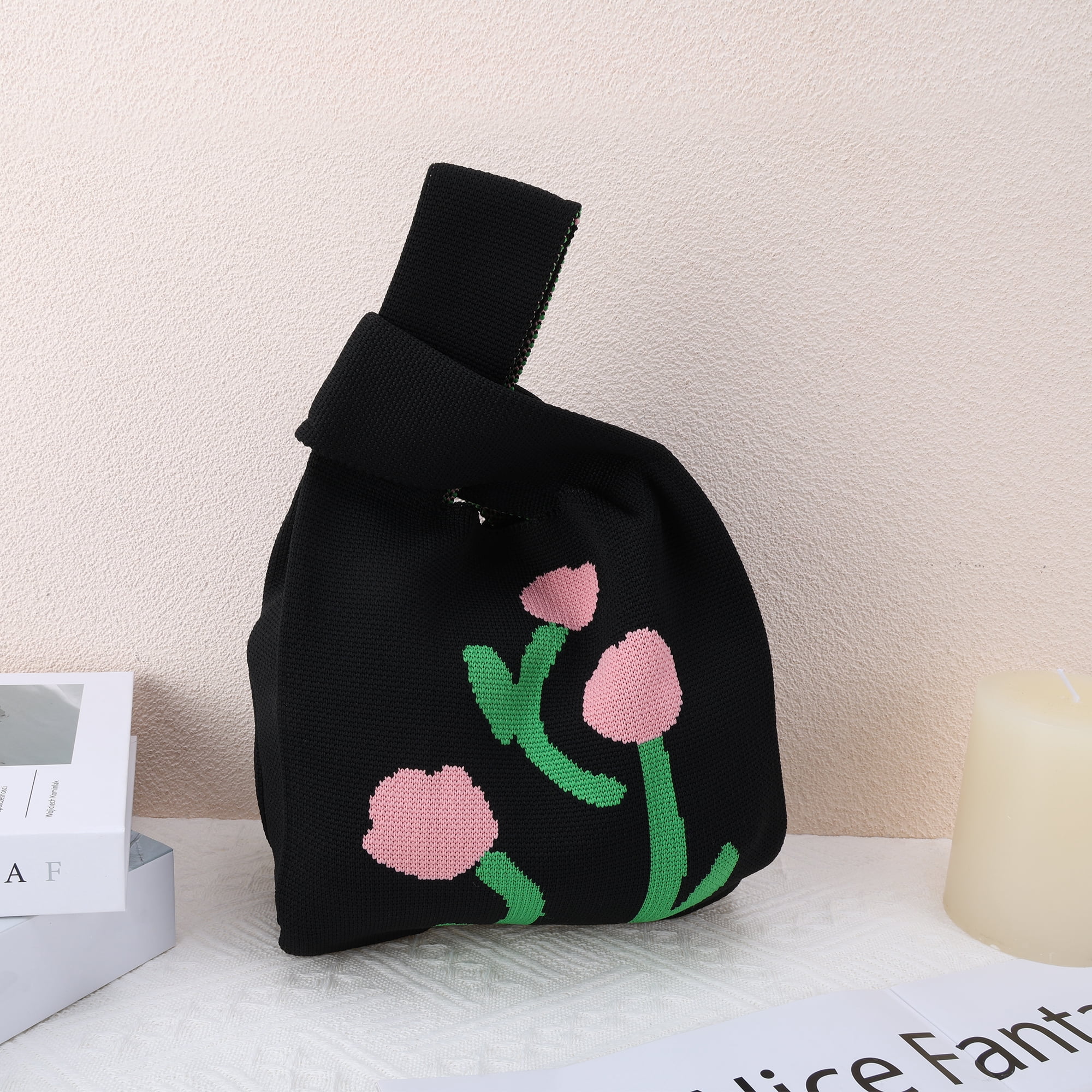 Unique Bargains Flowers Knitted Wrist Bag Black 1 Pc