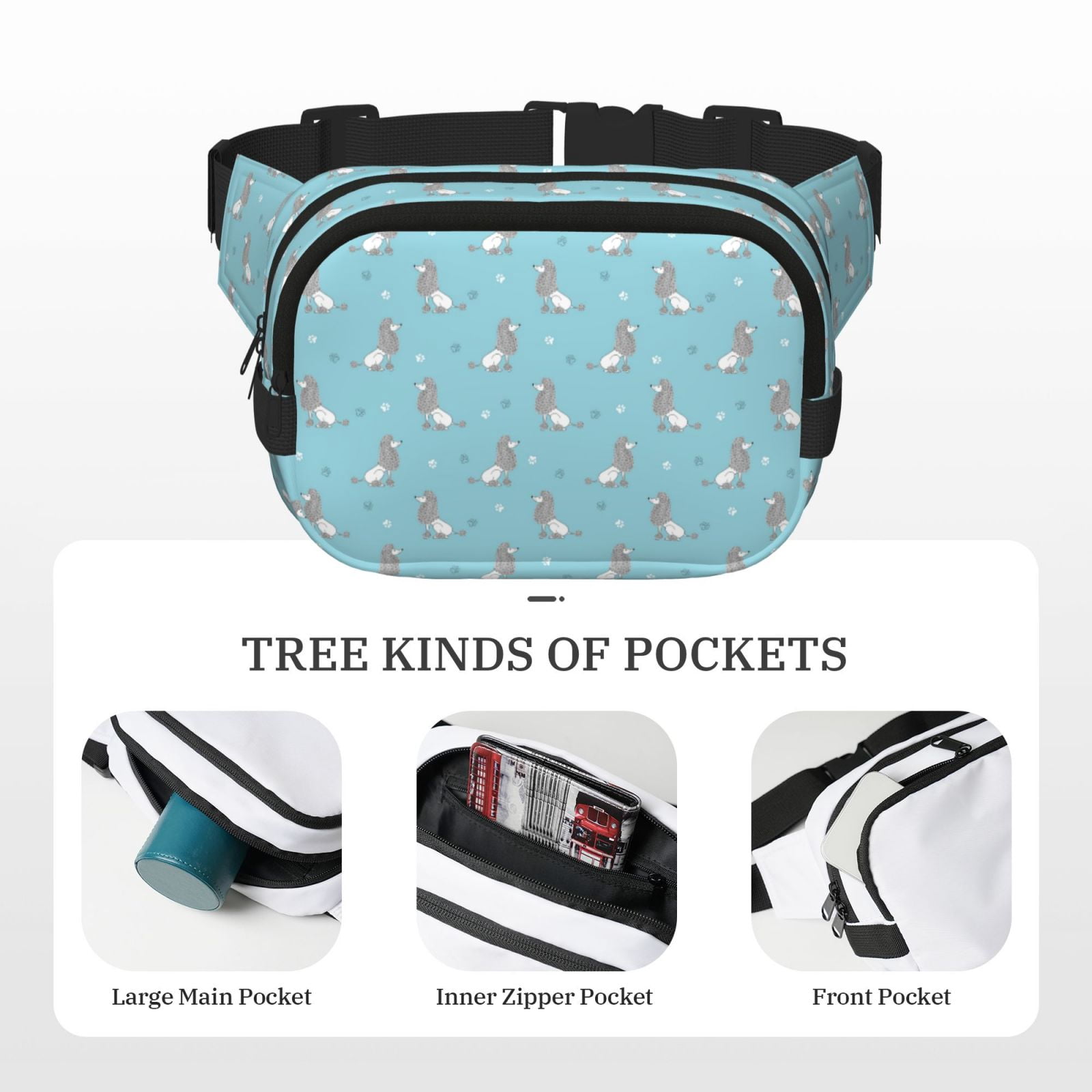 Picia Cute Poodle Dog Print Square Double-Layer Waist Bag Mini Adjustable Waist Belt Bag Exercise Running Travel Hiking