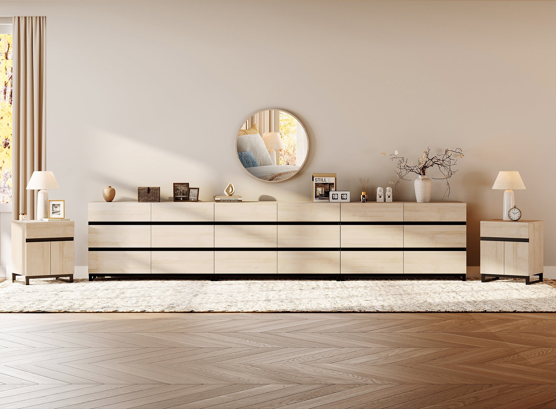 WAMPAT Modern 5-Piece Bedroom Furniture Set, 142 Inch Dresser with 18 Drawers & 2 Nightstands with Drawer and Cabinet Design, Beige