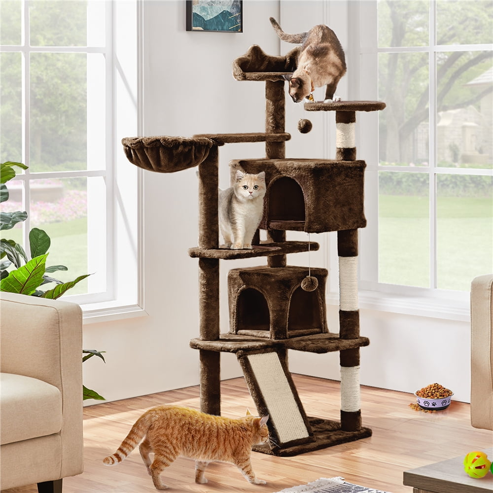 Yaheetech 57.5''H Cat Tree Tower Cat Tree with 2 Condos, Scratching Posts, Ramp, Brown